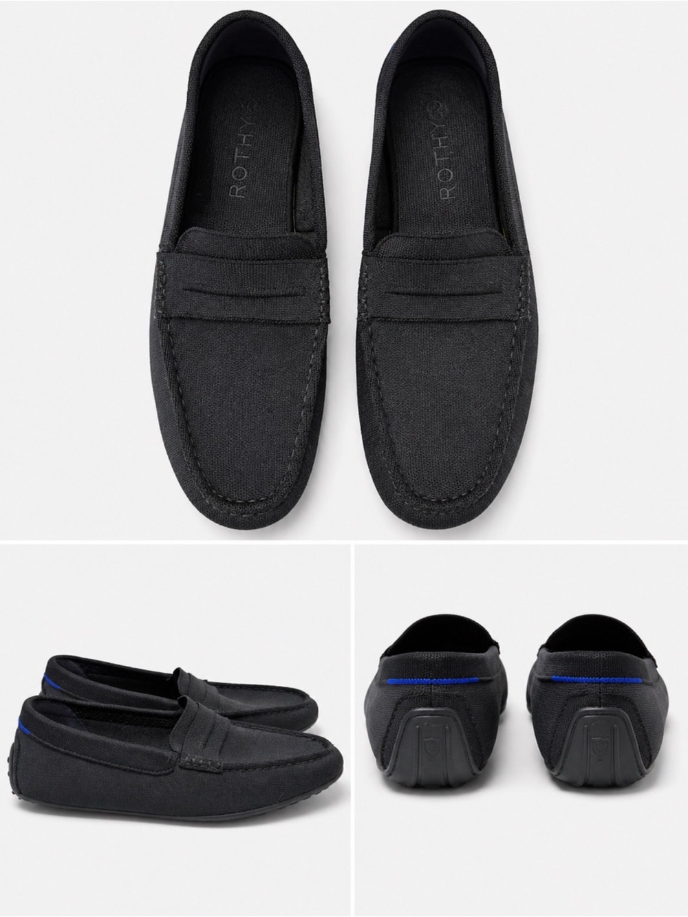 Rothy's Men's Black Slip-On Penny Loafers with Blue Accent